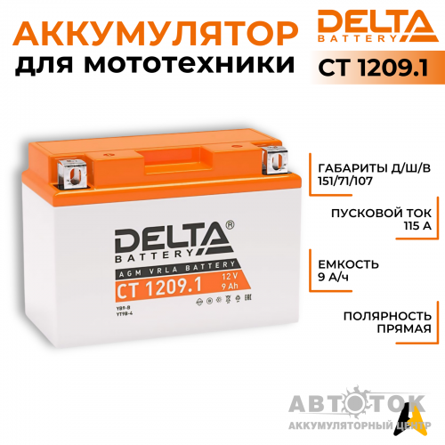 Мотоаккумулятор Delta CT 1209.1, 12V 9Ah, 115А YT9B-BS