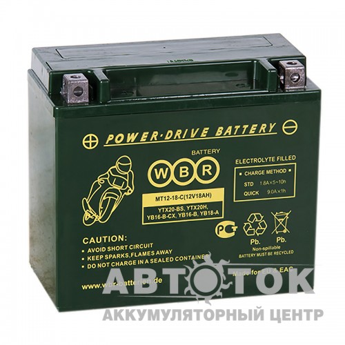 Автомобильный аккумулятор WBR MT12-18-C AGM 18 Ач 270А П.П. 175x87x155 YTX20-BS