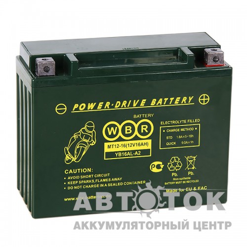 Автомобильный аккумулятор WBR MT12-16 AGM 16 Ач 250А О.П.205x87x162 YB16AL-A2